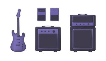 Purple 3d set of electric guitar, amplifyer and guitar pedals isolated on white background. Vector illustration