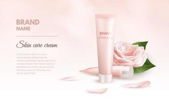 Realistic 3D banner template for skin care cream. Ad Packaging mockup for cosmetic and medical products with Two tube of cream, flower and petals rose. Vector illustration