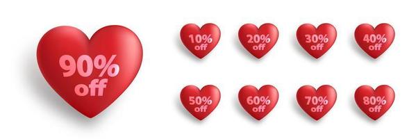 3d hearts icon set with tag 10, 20, 30, 40, 50, 60, 70, 80, 90 percents off. Heart shapes with different discount set isolated on white background. Vector illustration