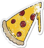 distressed sticker of a quirky hand drawn cartoon slice of pizza vector