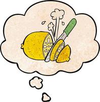 cartoon sliced lemon and thought bubble in grunge texture pattern style vector