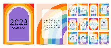 La semana del calendario de mesa 2023 comienza el domingo con Groovy y Rainbow que se usan para tamaño a4 a5 digital e imprimible vertical vector