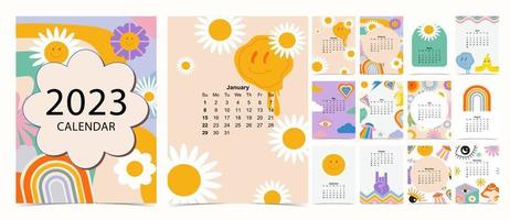 La semana del calendario de mesa 2023 comienza el domingo con Groovy y Flower que se usan para tamaño a4 a5 digital e imprimible vertical vector