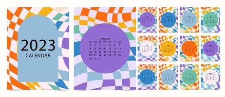 La semana del calendario de mesa 2023 comienza el domingo con Groovy y Rainbow que se usan para tamaño a4 a5 digital e imprimible vertical vector