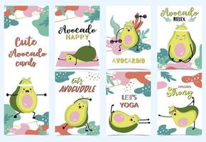 Collection of green avocado cards set with leaf,avocado exercise. Let's avocuddle vector