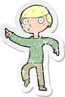 retro distressed sticker of a cartoon boy pointing vector