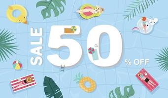 Summer sale background with tiny people,umbrellas, ball,float  in the top view pool.Vector summer banner vector