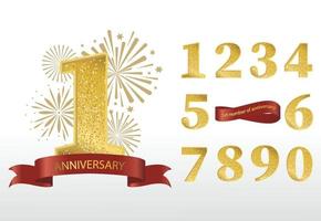 número de aniversario rojo dorado con fuegos artificiales. colección de número de celebración vector