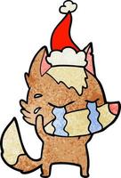 textured cartoon of a crying wolf wearing santa hat vector