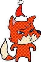clever comic book style illustration of a fox wearing santa hat vector