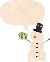 cartoon snowman and speech bubble in retro textured style vector