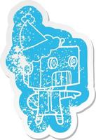 cartoon distressed sticker of a robot wearing santa hat vector