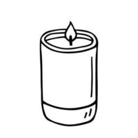 Vela de aroma ardiente en un frasco aislado sobre fondo blanco. ilustración vectorial dibujada a mano en estilo garabato. aromaterapia, elemento de diseño de relajación. adecuado para tarjetas, logo, decoraciones. vector