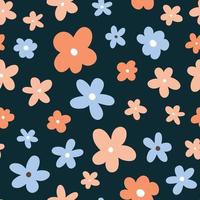 Cute seamless pattern with pink and blue flowers on dark background. Vector illustration in hand-drawn flat style. Perfect for print, decorations, wallpaper, wrapping paper, cards.