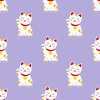 Maneki Neko Welcoming Cat Seamless pattern. Symbol of good luck, fortune and prosperity. Doodle style vector illustration of Japanese cat