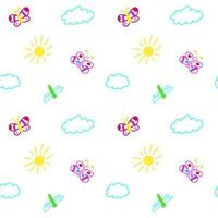 Butterflies and clouds and sun seamless pattern. Children drawing elements background vector