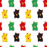 Maneki Neko Seamless pattern. Symbol of good luck, fortune and prosperity. Doodle style vector illustration of Japanese cat