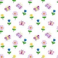 Butterflies and flowers seamless pattern. Children drawing elements background vector