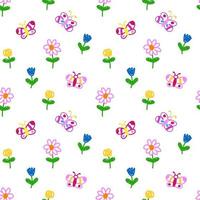 Butterflies and flowers seamless pattern. Children drawing elements background vector