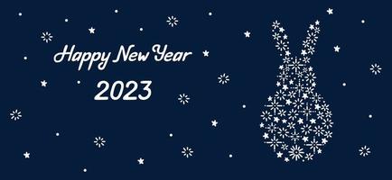 tarjeta de felicitación de año nuevo 2023 con silueta de conejo. copos de nieve y estrellas liebre forma fondo de garabato dibujado a mano. plantilla de banner de invierno para web e impresión vector