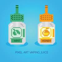 Sabores de e-líquido de píxeles. jugo de vape pixelart o signos de jugo de vape. conjunto de e-líquido para vaporizador, botella de píxeles con sabor a fruta vector