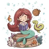 Mermaid reading a book surrounded by fish vector