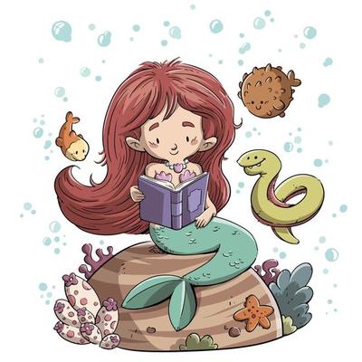 Mermaid reading a book surrounded by fish