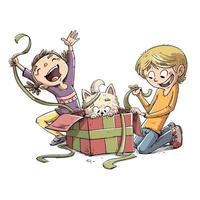 Children opening a gift with cat inside vector