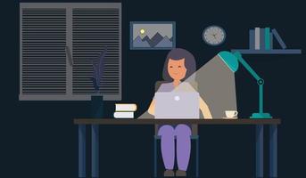 A woman working until night at her desk at home. She has a lot of work, the cat also sleeps.Woman working with laptop at her work desk and testing ui and ux. Vector illustration of student.