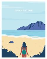 Summer vacation landscape background with female on the beach. Modern style. Vector illustration for poster, postcard, flyer, template.