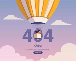 404 error, page not found with adventure girl in hot air balloon. Disconnection, connect problem, error page. Vector illustration