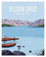 fondo del paisaje del parque nacional del lago nelson. viajar a nueva zelanda. ilustración con estilo minimalista para afiches, postales, impresiones artísticas. vector