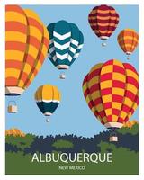 fondo de paisaje de albuquerque nuevo méxico con festival de globos aerostáticos. ilustración vectorial para póster, postal, impresión de arte, plantilla. vector