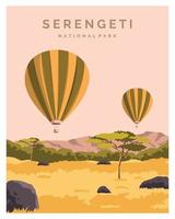The Serengeti national park. Nature of Tanzania with hot air balloon safari. Vector illustration background for poster, postcard, art print.