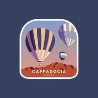 Hot air balloons in Cappadocia Turkey landscape emblem badges patch vector illustration.