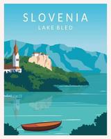 lago bled, eslovenia paisaje con castillo y montañas de fondo. viajar a europa. cartel de ilustración vectorial, postal, impresión de arte. vector