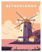 Netherland Travel Landscapes Vector Illustration with windmill. vector for poster, postcard, art print with minimalist style