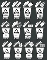 Recycling codes for plastic and paper. Recycling bins illustration with bottles, canister, plastic bag. Recycled trash cans with examples and numbers. vector