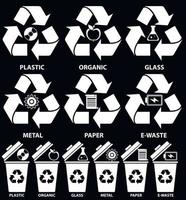 iconos de papelera con diferentes tipos de basura orgánica, plástico, metal, papel, vidrio, desechos electrónicos para el concepto de reciclaje en estilo plano aislado en fondo azul. ilustración vectorial