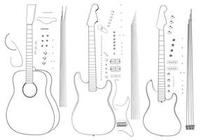 Three guitars bass, electro and acoustic in vector illustration. Exploded version.