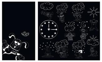 perro sobre un fondo negro. tema para teléfono inteligente. fondo para la pantalla principal, una esfera de reloj con huellas de patas e íconos meteorológicos creados con el estado de ánimo de un perro. clima de perros ilustración vectorial vector