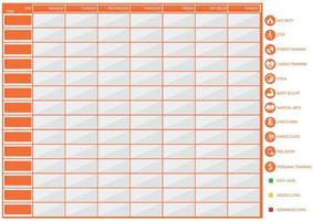 A table for scheduling in fitness and sports clubs with icons for training and difficulty levels. Preparation for planning workouts for a week for personal trainers. Set of the sports icons. vector