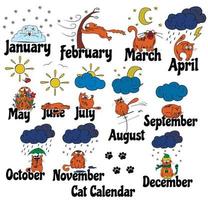 Cat calendar. Funny cat drawn by hand at different times of the year. Illustration of weather and seasons. The reaction of the cat to the weather. vector