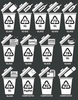 Recycling codes for glass composites. Recycling bins illustration with bottles, tv glass, paper bag. vector