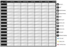 A table for scheduling in fitness and sports clubs with icons for training and difficulty levels. Preparation for planning workouts for a week for personal trainers. Set of the sports icons. vector