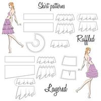 Skirt Ruffled and Layered patterns. A visual representation of styles of the skirts on the figure. Illustration of the design and pattern of women's skirts. Hand-drawn models. vector