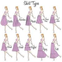 Skirt styles. A visual representation of styles of the skirts on the figure. Illustration of the design and variety of women's skirts. Hand-drawn models. vector