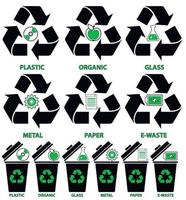 Trash can icons with different types of garbage Organic, Plastic, Metal, Paper, Glass, E-waste in flat style isolated on white background. vector