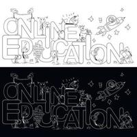 Online education. Black and white illustration for education with little men in different fields of study. Suitable for creating backgrounds, coloring, banners, flyers and web pages. vector