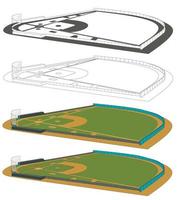 Ilustración de vector de campos de béisbol. infografías para páginas web, retransmisiones deportivas, antecedentes de estrategias. Cuatro campos con vista lateral. color, blanco y negro.